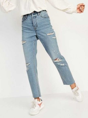 Jean Old Navy Extra High-Waisted Button-Fly Sky-Hi Droit Ripped Non-Stretch Jeans Femme Noemi | 413-ZQOSEH