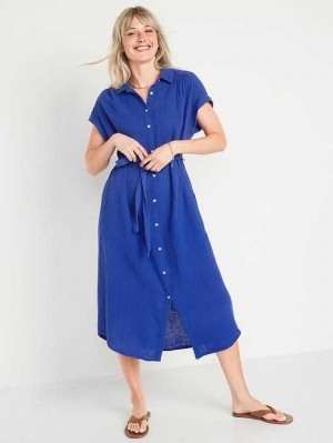 Peignoir Old Navy Corta-Sleeve Taille-Defined Midi Shirt Robe Femme Bleu | 739-JMALKO