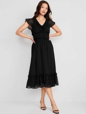 Peignoir Old Navy Taille-Defined Flutter-Sleeve Midi Robe Femme Blackjack | 765-ZILEBS