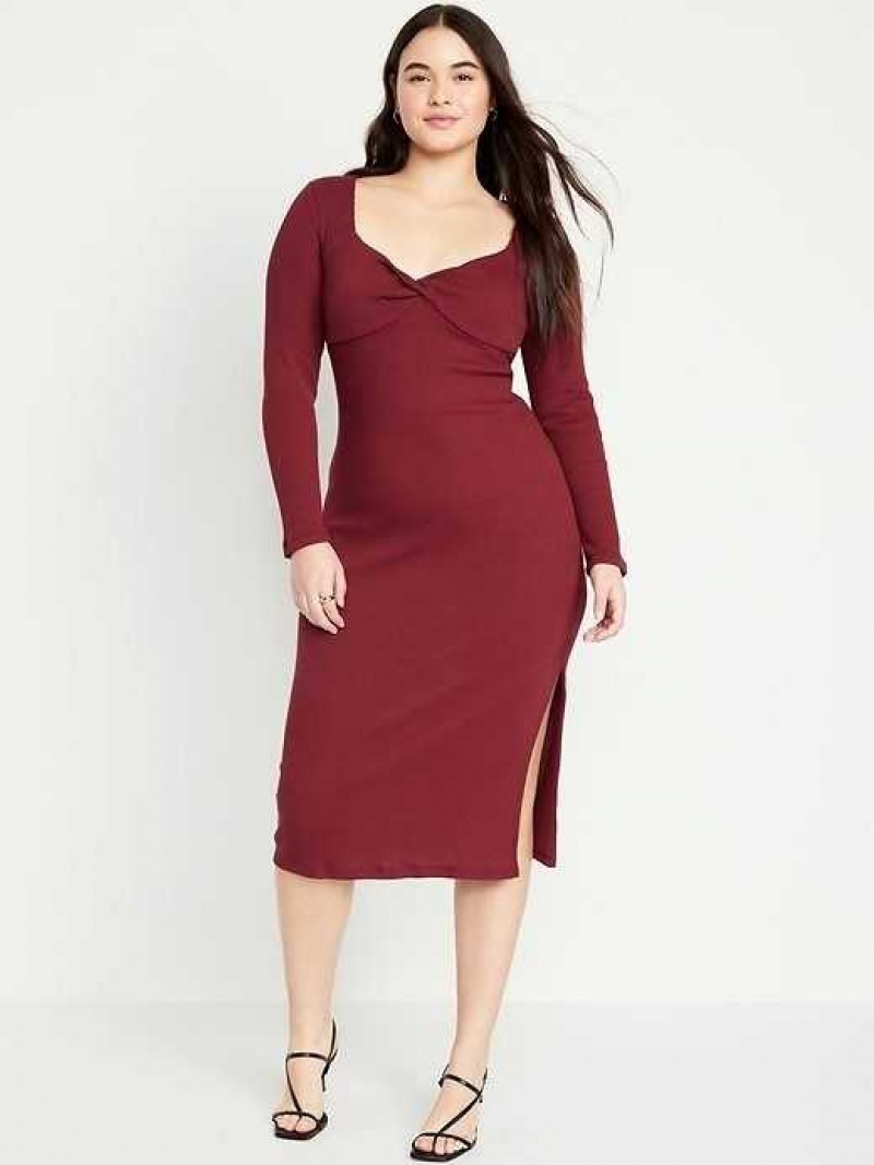 Peignoir Old Navy Fitted Twist-Front Rib-Knit Midi Robe Femme Rouge Bordeaux | 849-HZFDSG